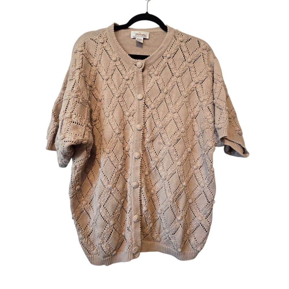 Vintage 90s Worthington Crochet Sweater Cardigan Women's 20W Tan Flower Bobbles